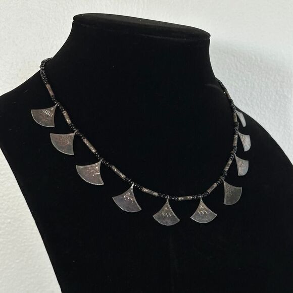 Niger Tuareg Hand Engraved Silver Drop and Black Seed Bead 18” African Necklace - Picture 2 of 5